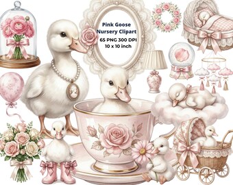 Watercolor Pink Goose Clipart, Vintage Spring Gosling PNG, Rustic Girl Baby Shower Images, Cottagecore Birthday Clip Art, CU