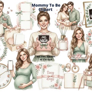 Maternity Watercolor Clipart PNG, Pregnant Mom to Be, Baby Shower, Expecting Couple, Gender Neutral Nursery Art, 4K, CU