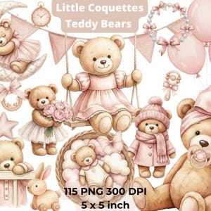 Può includere: Illustrazione ad acquerello di orsacchiotti in varie pose, tra cui uno su un'altalena, che tiene fiori e indossa un cappello e una sciarpa. L'immagine presenta palloncini rosa, una luna e il testo "Little Coquettes Teddy Bears".
