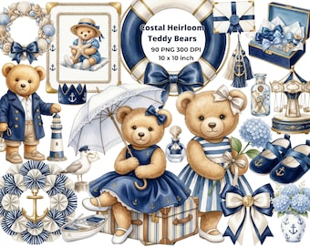 Cute Preppy sailor Polo Bear PNG, Coastal Heirloom Nautical Clipart Set, teddy bear clipart Graphics, Digital download, 4k, CU
