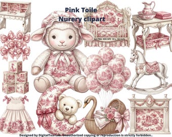 PInkToile Baby Clipart Set, It's a Girl Baby Shower Toile de Jouy, Watercolor Floral Chinoiserie Nursery Art, Vintage French, CU