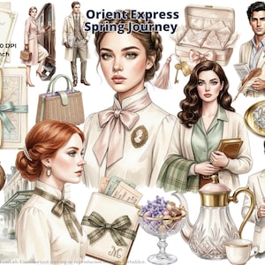 Orient Express Watercolor Clipart, Spring Travel Aesthetic PNG, Elegant Vintage Journey Graphics, Luxury Glamor Digital Download, 4K, CU