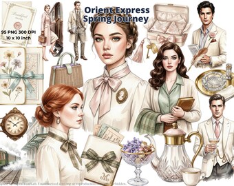 Orient Express Watercolor Clipart, Spring Travel Aesthetic PNG, Elegant Vintage Journey Graphics, Luxury Glamor Digital Download, 4K, CU
