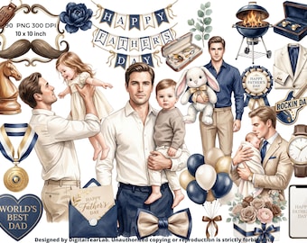 Watercolor Father's Day Clipart Bundle, Dad and Animals PNG, Vintage Dad with baby Graphics, 4K, CU