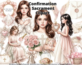Girl Confirmation sacrament Clipart Bundle, 85 pink First Holy Communion PNG, baby bautizo girl, Girl Christening PNG, Rosary Dove, CU