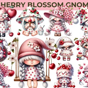 Kirschblüten-Gnom-Clipart – Süße Frühlings-Sakura-Mädchen-PNGs | Hochwertige Blumengrafiken, CU