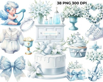 38 Watercolor First Communion Clipart, Pastel Blue, Baptism Clipart, Floral Cross, christening graphics, CU