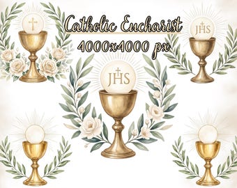 Watercolor Catholic Eucharist Clipart Bundle - First Holy Communion PNGs, Confirmation Clipart, Floral Christian Sublimation Design, CU