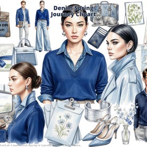 Watercolor Clipart, Spring Travel Aesthetic PNG, Fashonable blue denim style Journey Graphics, Luxury Glamour Digital Download, 4K, CU