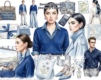Watercolor Clipart, Spring Travel Aesthetic PNG, Fashonable blue denim style Journey Graphics, Luxury Glamor Digital Download, 4K, CU