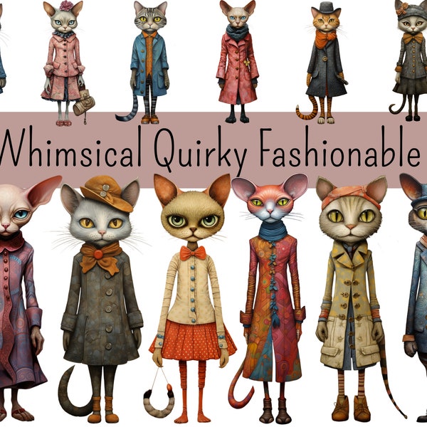 Whimsical cat, Quirky Mixed Media Cats Graphics, Commercial Use, fashionable Cat Clipart, 12 Png Elements & Printable Sheets