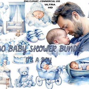 Babykamer clipartset voor jongens – aquarel PNG's voor pasgeborenen voor decoratie, uitnodigingen en knutselwerkjes om het geslacht van de baby te onthullen, CU