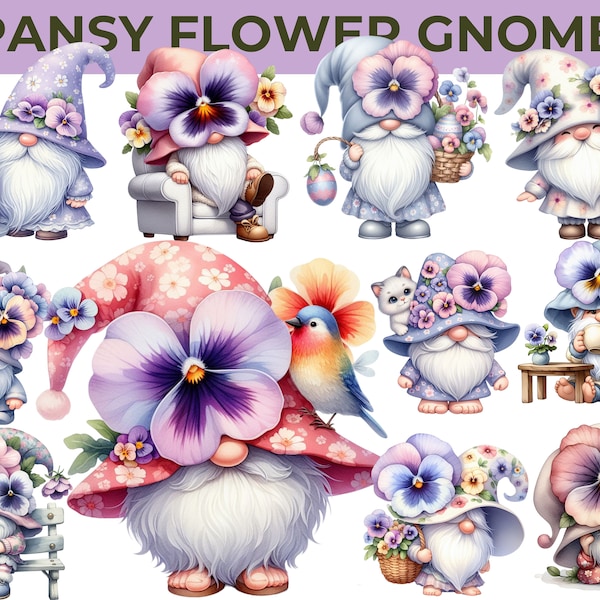 Watercolor Charming Spring Garden Gnome Clipart - 25 Watercolor Pansy Floral Gnomes, CU