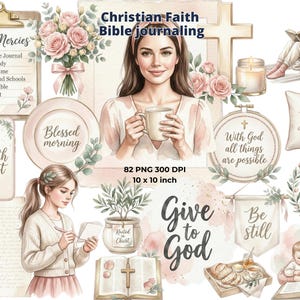 Può includere: Illustrazioni ad acquerello con temi cristiani, tra cui una donna con una tazza, una croce e composizioni floreali. Il testo include "Christian Faith Bible journaling", "Faith first" e "Give to God". L'immagine misura 25,4 x 25,4 cm.