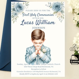 Blue Boy First Communion Invite Template | Editable Canva Baptism Design – Printable Digital File