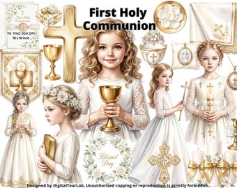White & Gold Girl Communion Clipart Bundle, 70 First Holy Communion PNG, baby bautizo girl, Girl Christening PNG, Rosary Dove, CU
