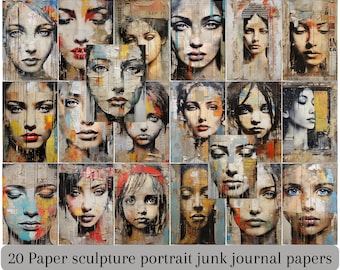 Girl portrait collage Paper Sculpture , books pages collage - 20 Papers 8.5x11" Textured poster, Printable Backgrounds, Junk Journal