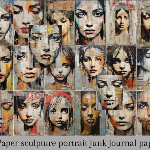 Girl portrait collage Paper Sculpture , books pages collage - 20 Papers 8.5x11" Textured poster, Printable Backgrounds, Junk Journal