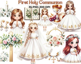 May include: A set of 35 digital illustrations for First Holy Communion. The images feature a girl in a white dress, a cross, a chalice, a bible, flowers, and other religious symbols. The images are in PNG format and are 300 DPI.