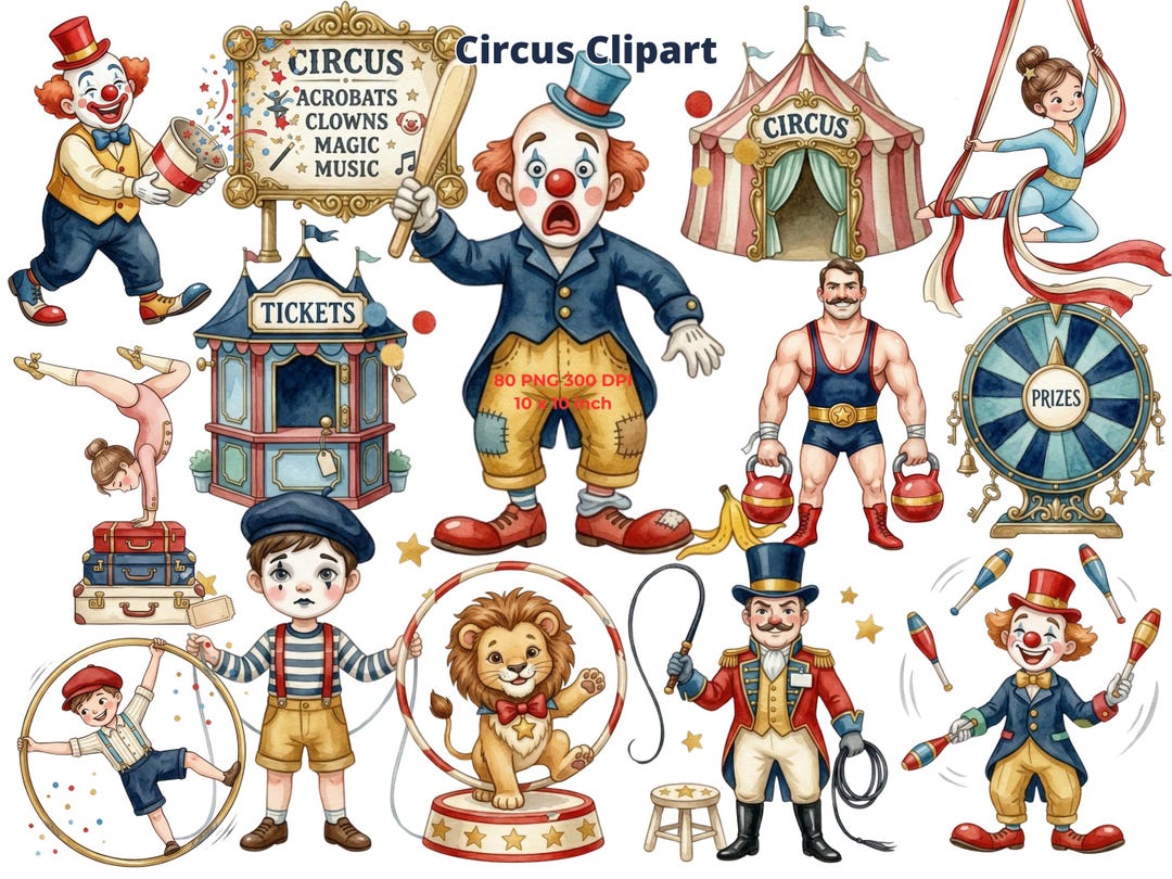 Circus Clipart Bundle, Watercolor Carnival PNG, Circus Animals Tent ...