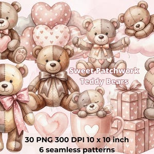 Può includere: Illustrazione ad acquerello di diversi orsacchiotti con fiocchi e cuori rosa. Alcuni orsi tengono cuori, altri sono vicino a scatole regalo. Il testo "Sweet Patchwork Teddy Bears" è visibile.