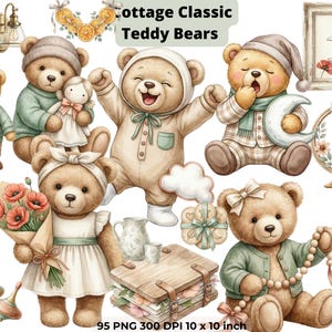 Può includere: Illustrazione ad acquerello di vari orsacchiotti in diversi abiti e pose. Alcuni orsi tengono fiori, una tazza o una luna. L'immagine include elementi decorativi come una ghirlanda, lampade e un quadro incorniciato. Il testo "Cottage Classic Teddy Bears" è in alto.