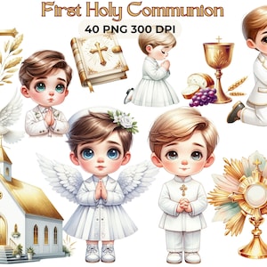 Boy Communion Clipart Bundle | 40 White Suit PNGs – First Holy Communion & Baptism Digital Paper Graphics, CU