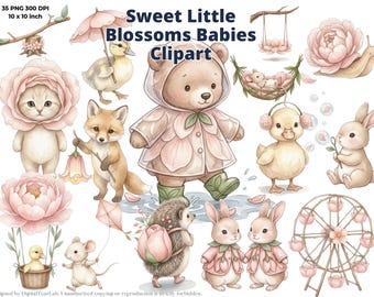 Spring Flower Baby Clipart Set, Peony Bunny Bear PNG, Blooming First Birthday Girl Shower Art, Floral Nursery Graphics, Digital download, CU