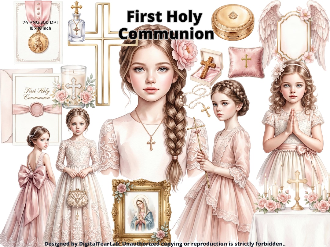 Pink Girl Communion Clipart Bundle, 74 First Holy Communion PNG Files ...