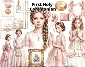 Pink Girl Communion Clipart Bundle, 74 First Holy Communion PNG Files, Transparent Background, Girl Christening PNG, Rosary Dove, CU