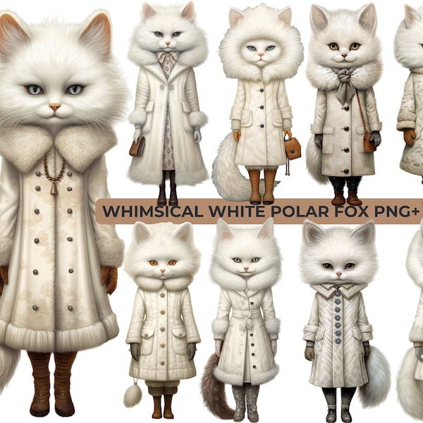 Anthropomorphic  Whimsical White polar fox: Winter Digital Printable paper dolls - 16 Png Elements & Printable Sheets