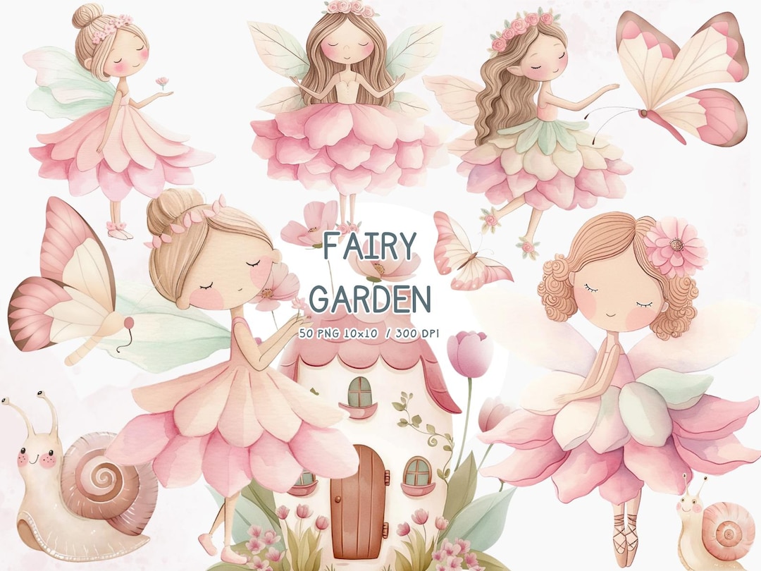 Pink Fairy Garden Clipart Bundle | Cute Watercolor Little Fairies PNG ...