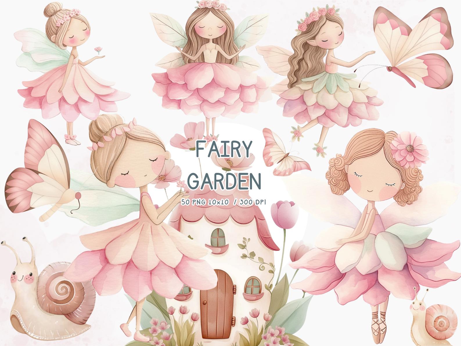 Pink Fairy Garden Clipart Bundle, Watercolor Fairy House PNG, Cute ...