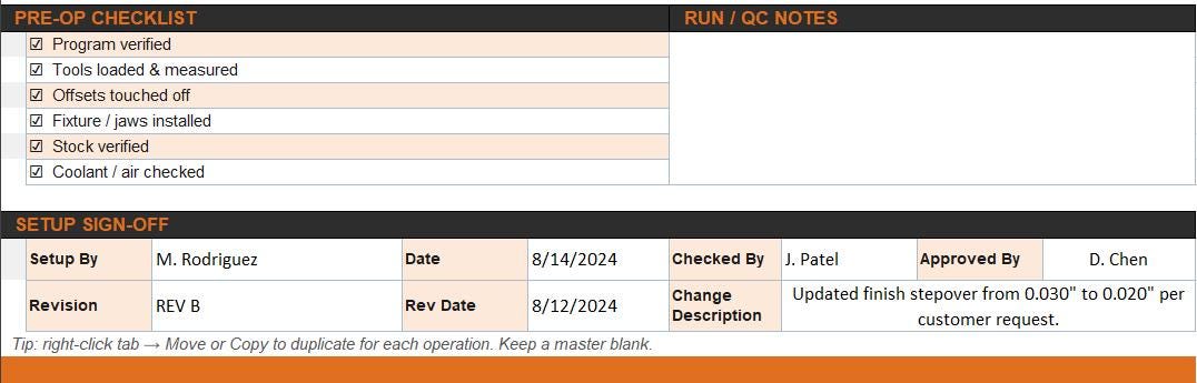 CNC Setup Sheet Template | Job Planner, Tool List (excel + PDF) - Etsy