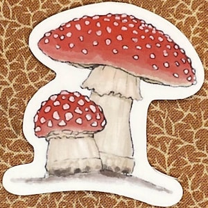 Puede incluir: Dos pegatinas de setas rojas y blancas con tallos blancos. La seta más grande tiene un sombrero rojo y blanco con manchas. La seta más pequeña tiene un sombrero rojo y blanco con manchas y un tallo blanco.