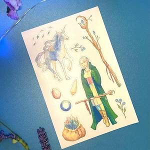 Folha de adesivos washi de elfos de unicórnio de fantasia, adesivos de cajado mágico, decoração de RPG Tolkien DND, joias de floresta de plantas místicas, scrapbooking LARP