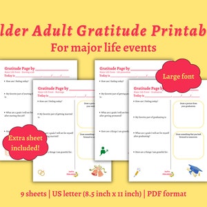 Puede incluir: Páginas de diario de gratitud imprimibles para adultos mayores. Las páginas están diseñadas para eventos importantes de la vida como comenzar un trabajo, casarse, graduarse y jubilarse. Las páginas incluyen indicaciones para la reflexión y la gratitud. El texto está en una fuente grande. Las páginas miden 8,5 pulgadas por 11 pulgadas y están en formato PDF.