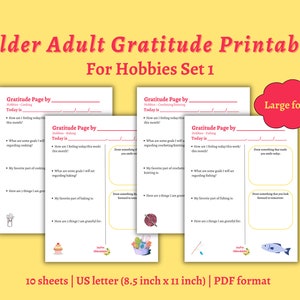 Könnte beinhalten: Vier druckbare Dankbarkeitstagebuchseiten mit gelbem Hintergrund und rotem Titel "Older Adult Gratitude Printable for Hobbies Set 1". Jede Seite hat einen Platz, um das Datum, das Hobby, wie sich die Person fühlt, Ziele, den Lieblingsteil des Hobbys und Dinge, für die sie dankbar ist, zu schreiben. Es gibt auch einen Platz, um etwas zu zeichnen, das sie zum Lächeln gebracht hat oder etwas, auf das sie sich freut.