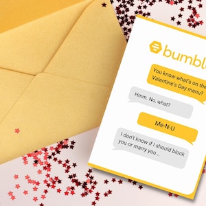 Tarjeta de San Valentín de Bumble Aplicación de citas Para mi novio Para mi novia Moderna, Romance en línea Tarjeta divertida de San Valentín, Descarga digital