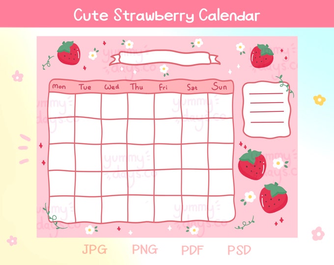 Cute Strawberry Calendar | Printable Open Calendar | Cute Digital ...