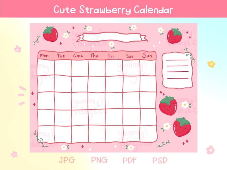 Cute Strawberry Calendar Printable Open Calendar Cute Etsy