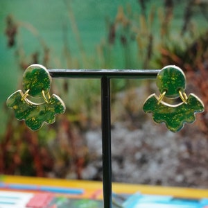 Emerald Green Marble Scalloped Polymer Clay Dangle Earrings