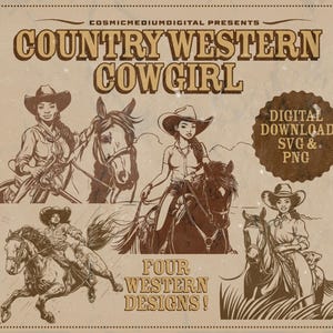Country Western Cowgirl - Digital Download SVG & PNG | Vintage Western Designs | Cowgirl Clipart