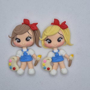 Back to School flatback Clay Doll - Girl Painting - Back to School Cabochon - Clay Doll for Bows Center - DIY Craft Charm