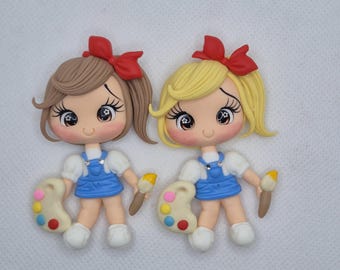 Handmade Clay Girl Doll Cabochon - Back to School Bow Center (7cm)