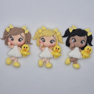 Girl with baby duck Flatback Clay Doll - Girl with Baby Chick - Clay Doll for Bows Center - DIY Craft Charm - Summer Clay Doll