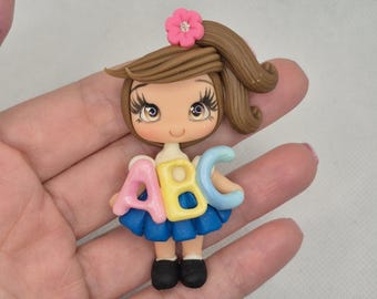 Back to School Clay Doll Cabochon - Handmade Craft Charm