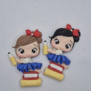 Back to School flatback Clay Doll - Girl with Pencil and Books - Back to School Cabochon - Clay Doll for Bows Center - DIY Craft Charm