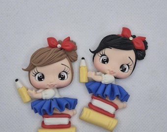 Back to School Girl Clay Doll – Handmade Uniform Cabochon, Bow Center