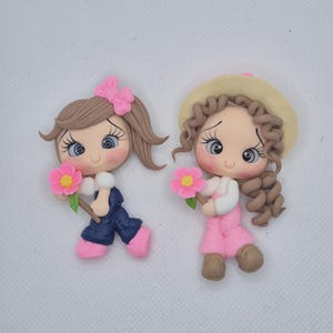 Girl with a flower flatback Clay Doll - Spring Cabochon - Clay Doll for Bows Center - DIY Craft Charm